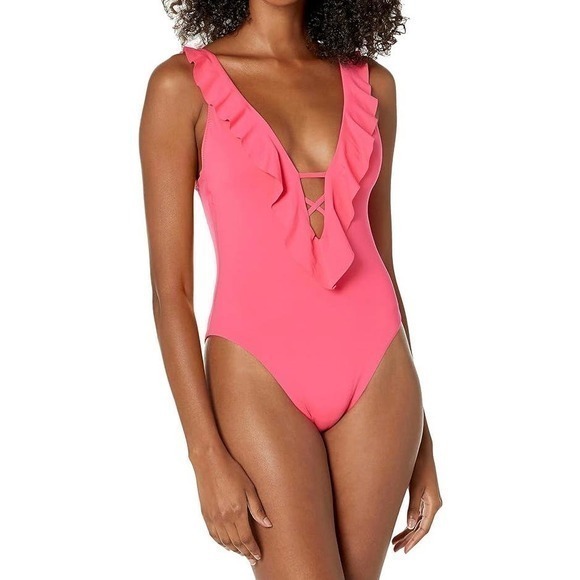 BECCA Women's Socialite Ruffle One Piece‎ Swimsuit, Plunging Neckline Size Large - Picture 1 of 9